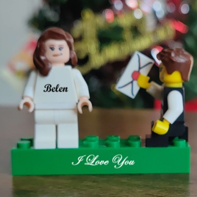 Personalisierte Namensgravur Minifiguren auf personalisiertem Ziegel mit Haustieren als Geschenk