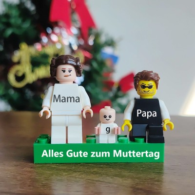 Personalisierte Namensgravur-Minifiguren auf personalisiertem Ziegel mit Haustieren als Geschenk zum Memorial Day, Muttertag, Vatertag